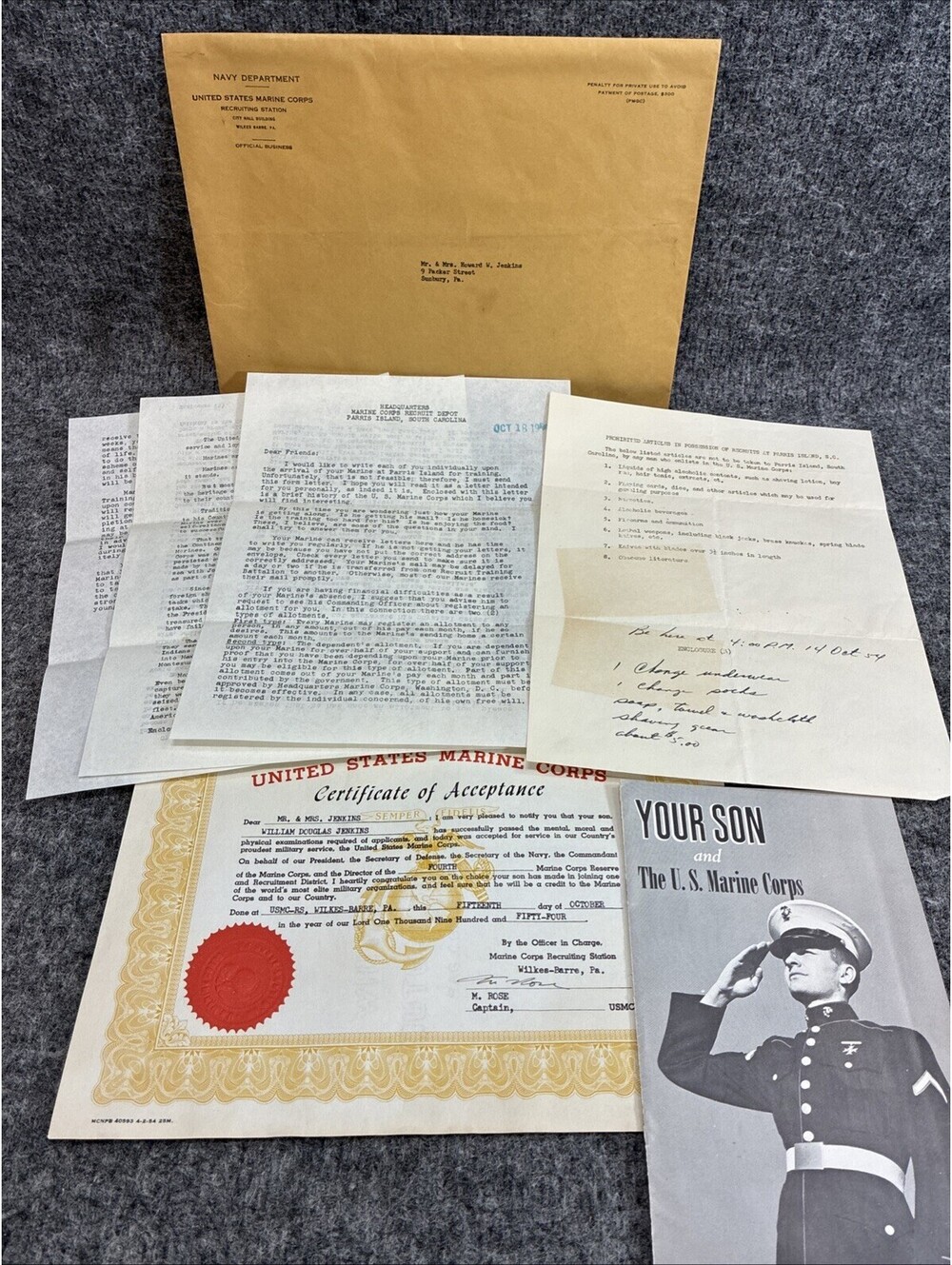 1954 Marine Paris Island Welcome Letter Packet Your Son Is A Marine Pollock